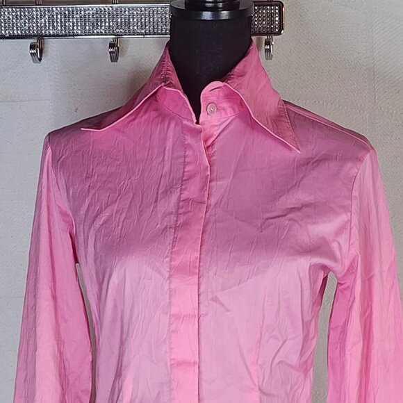 Farinaz Taghavi Pink Imported Cotton Poly Fancy Cuff LS Button Up Dress Top Sz 2 - Picture 2 of 16